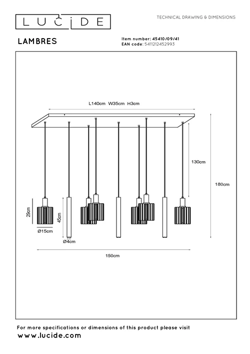 Lucide LAMBRES - Pendelleuchten - 6xE27 - Taupe - technisch